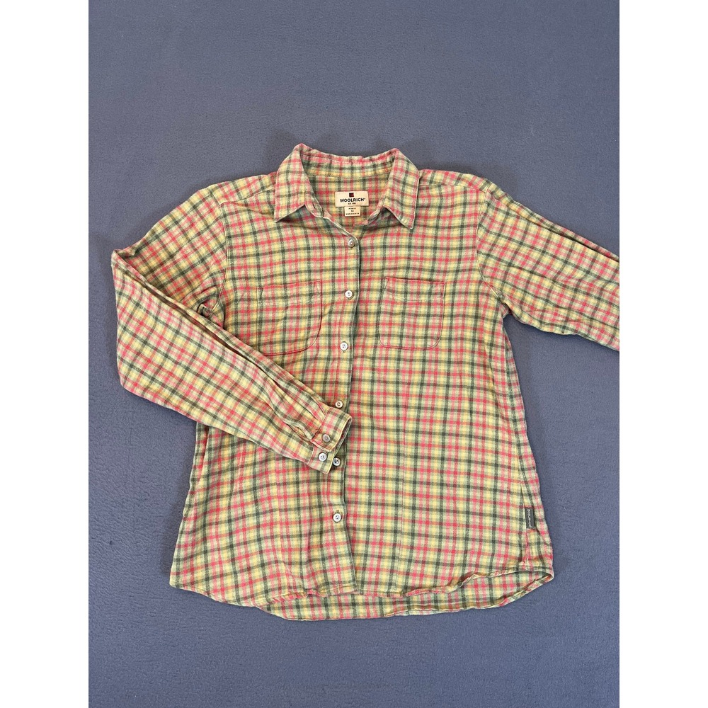 Woolrich Women's Plaid Flannel‎ Shirt Med 100% Cotton Red Green Yellow LS Fall